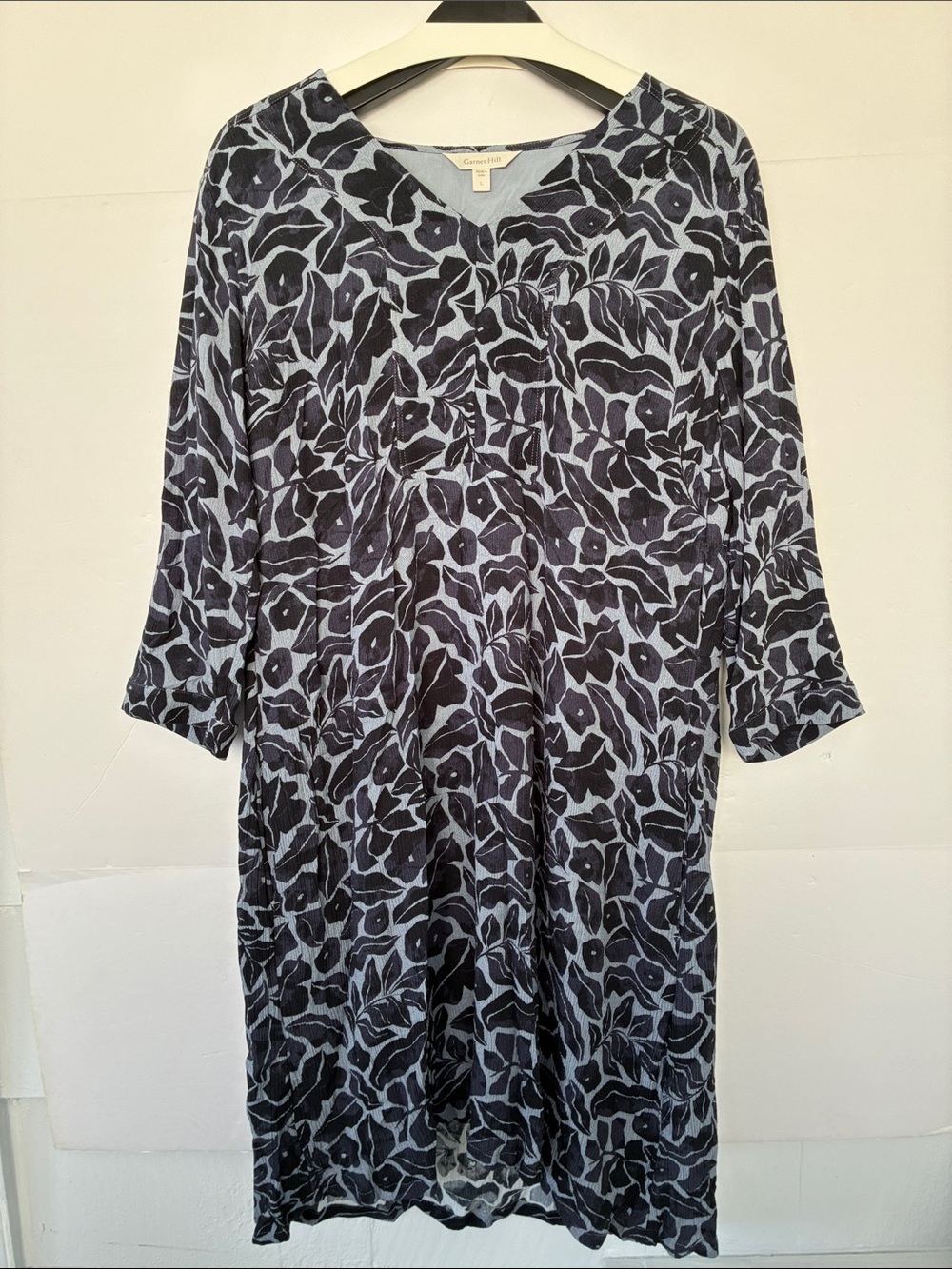 Garnet Hill Dress Womens Large Blue Floral V Neck 3/4 Sleeve Shift Dress Viscose